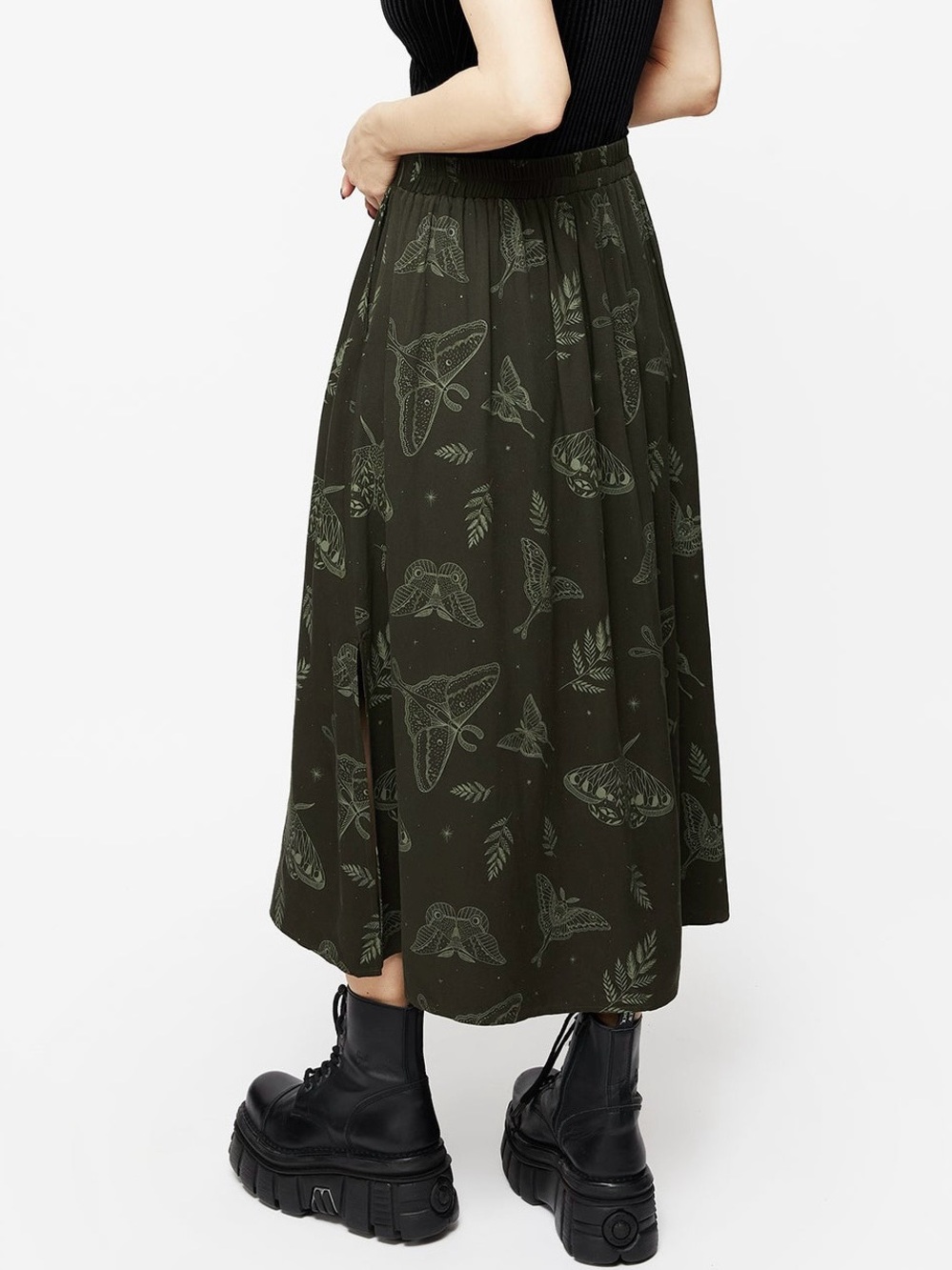 Disturbia ‘Callopistria Moth Print Midi Skirt’ in Olive Green Size 10 - Picture 4 of 16